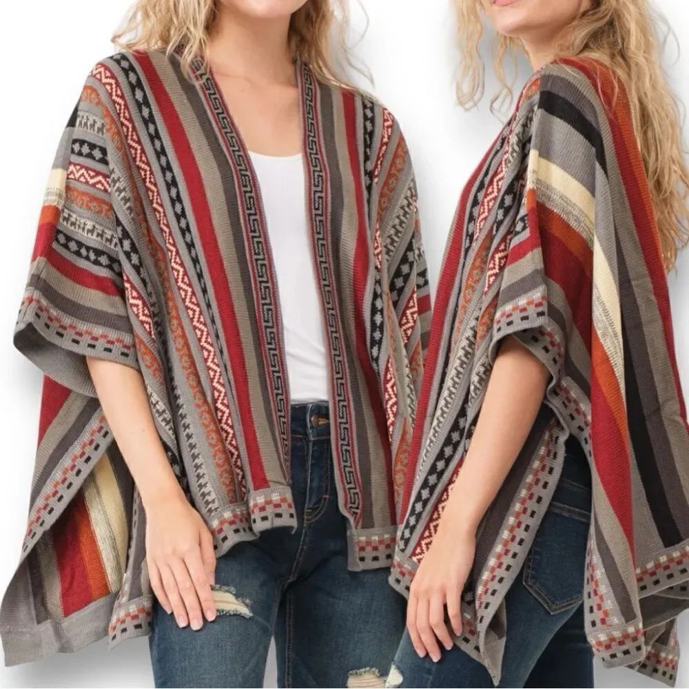 RAJ L.A Women’s Cora Striped Poncho Ruana Classic Gray Multi OS